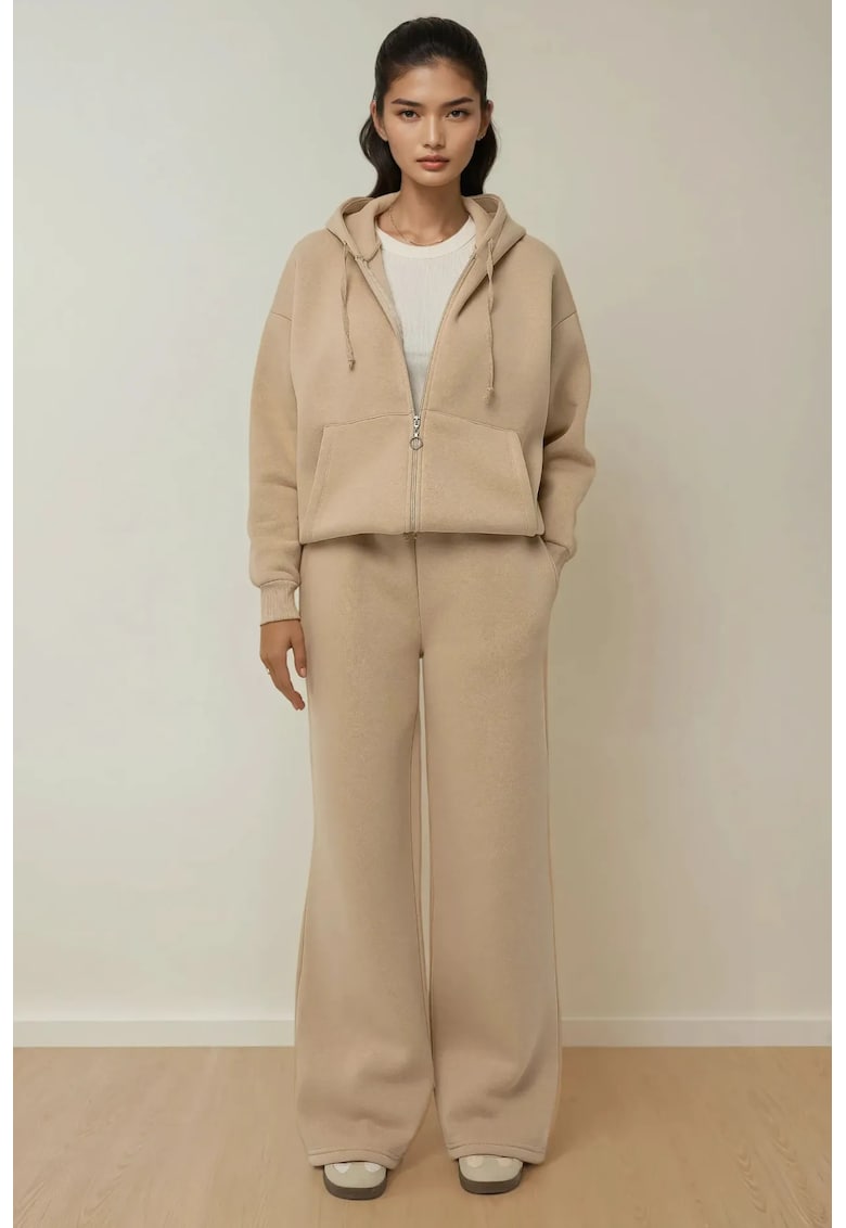 Pantaloni sport dama - supradimensionati - croi larg - culoare natur - bumbac-poliester