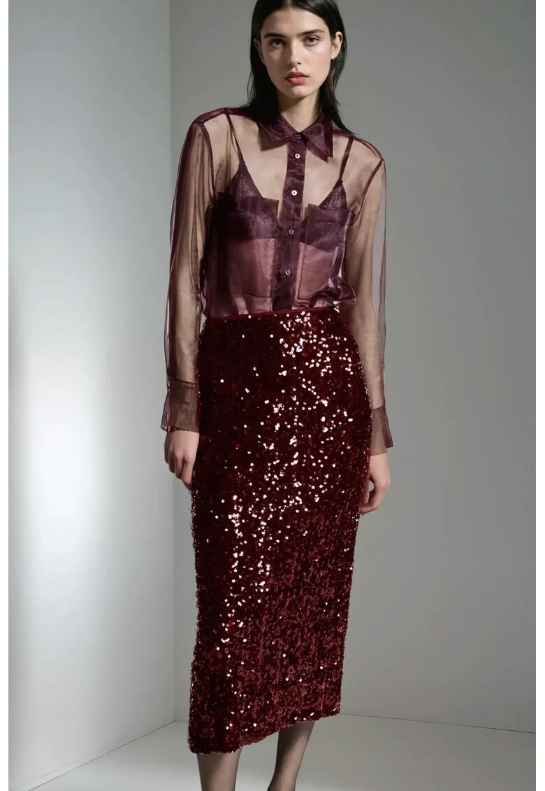 Fusta midi dama poliester/elastan - cu paiete - rosu