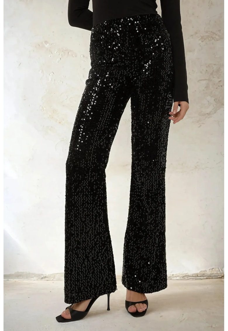 Pantaloni dama -  evazati cu paiete - negru - poliester-elastan