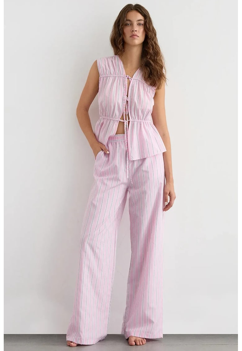 Pantaloni dama - cu dungi - talie elastica - roz - bumbac si poliester