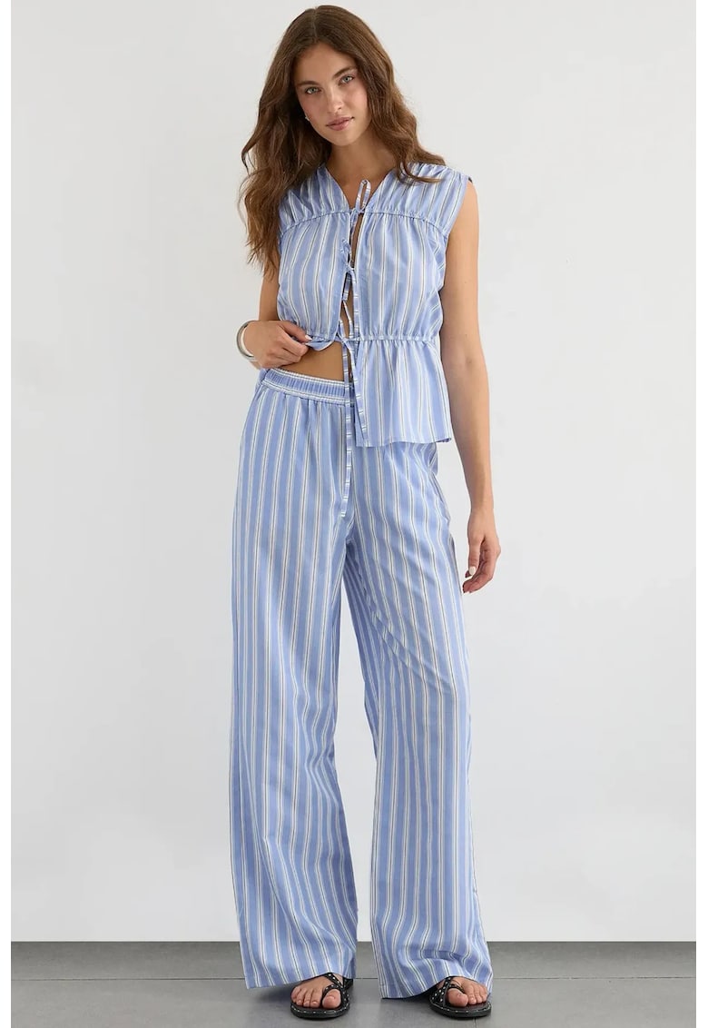 Pantaloni dama - cu dungi late - talie elastica - albastru - bumbac si poliester