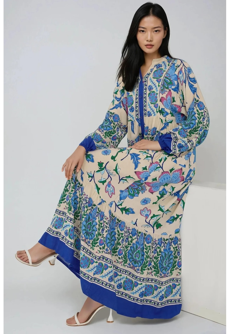 Rochie maxi - imprimeu - guler camasa - albastru - textil