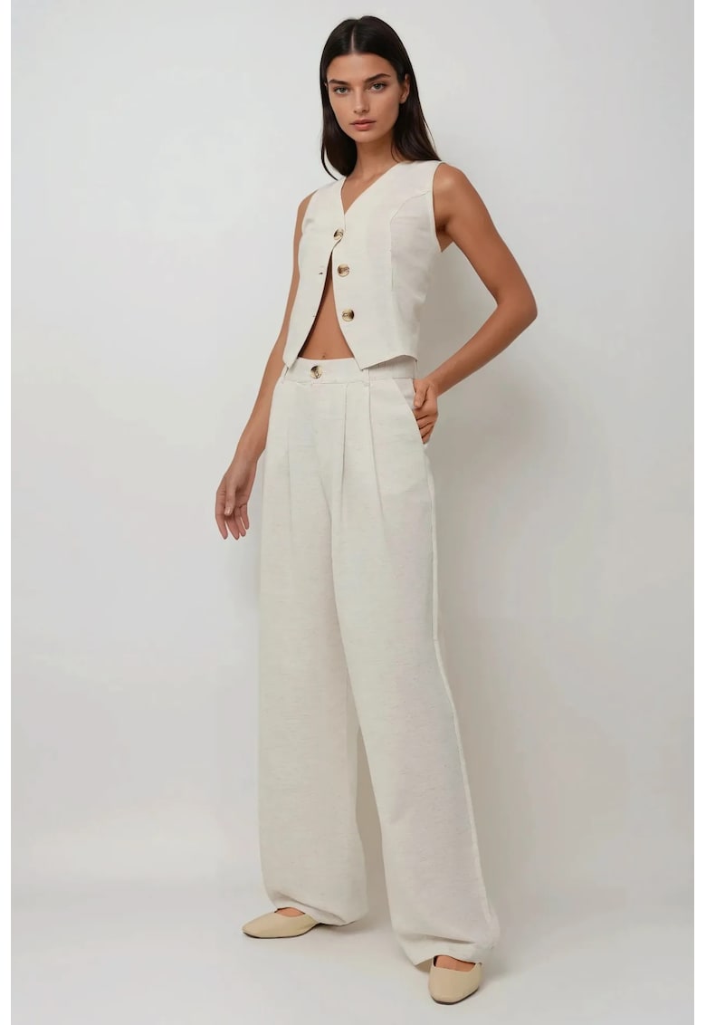 Pantaloni dama - plisati - talie inalta - culoare natur - bumbac