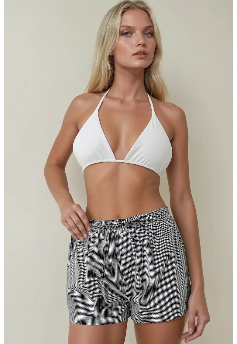 Pantaloni scurti dama - cu dungi - croiala lejera - negru - poliester-poliuretan