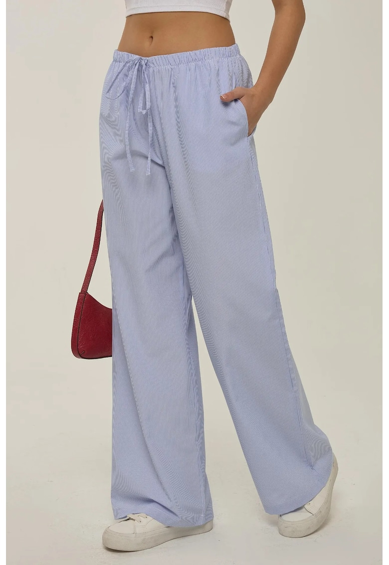 Pantaloni dama - din bumbac cu dungi - talie elastica - albastru