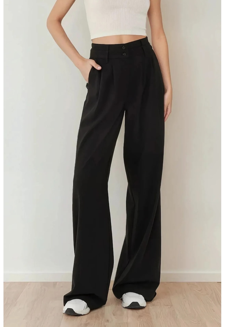 Pantaloni dama - palazzo plisati - talie inalta - negru - poliester-elastan