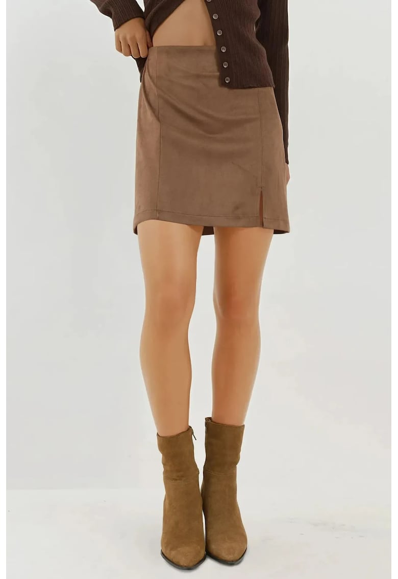 Fusta mini dama - piele intoarsa - talie inalta - maro