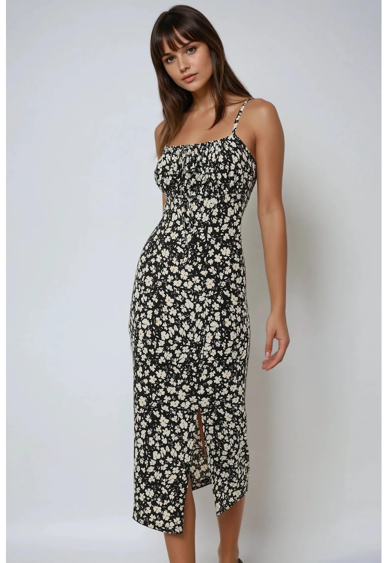 Rochie midi mulata - imprimeu floral - crapatura - negru - jerseu