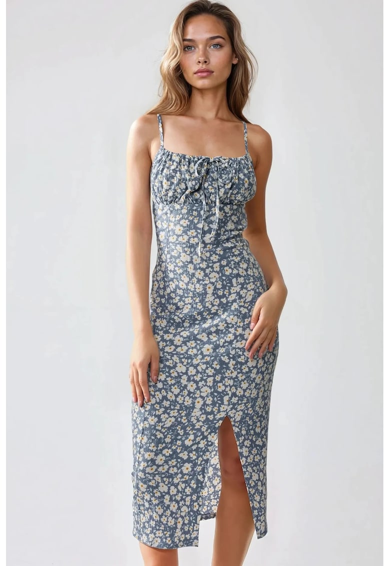 Rochie midi mulata imprimeu floral - crapatura - albastru - jerseu