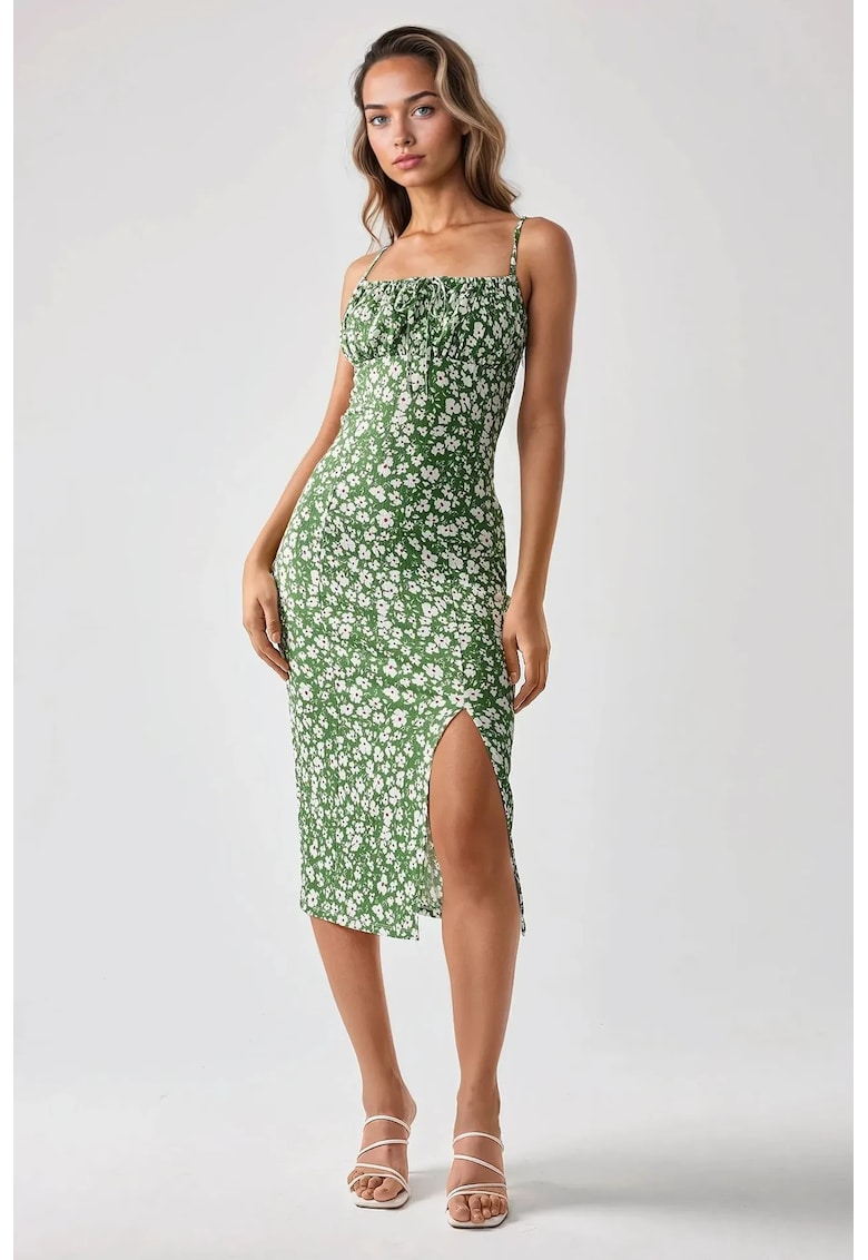 Rochie midi mulata imprimeu floral - crapatura - verde - jerseu