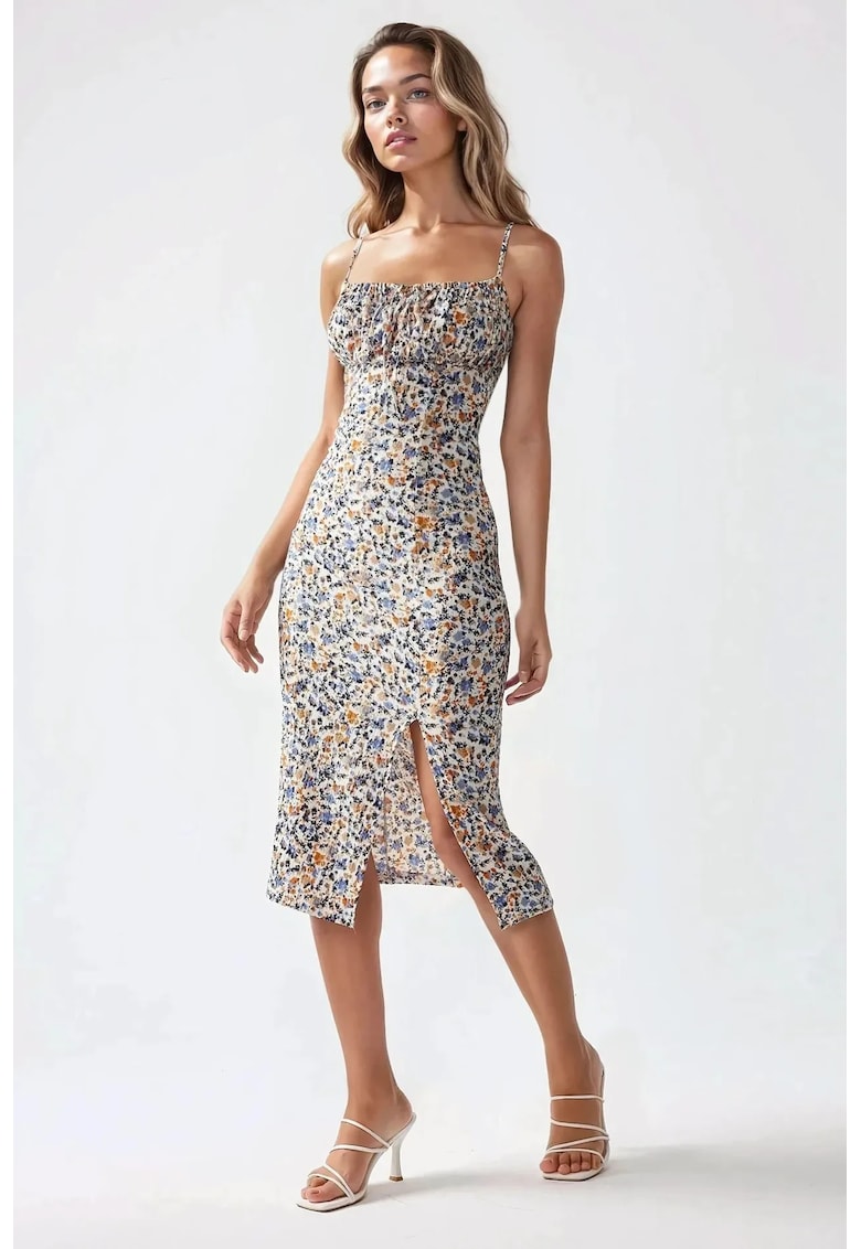 Rochie midi mulata - imprimeu floral - crapatura - multicolor - jerseu