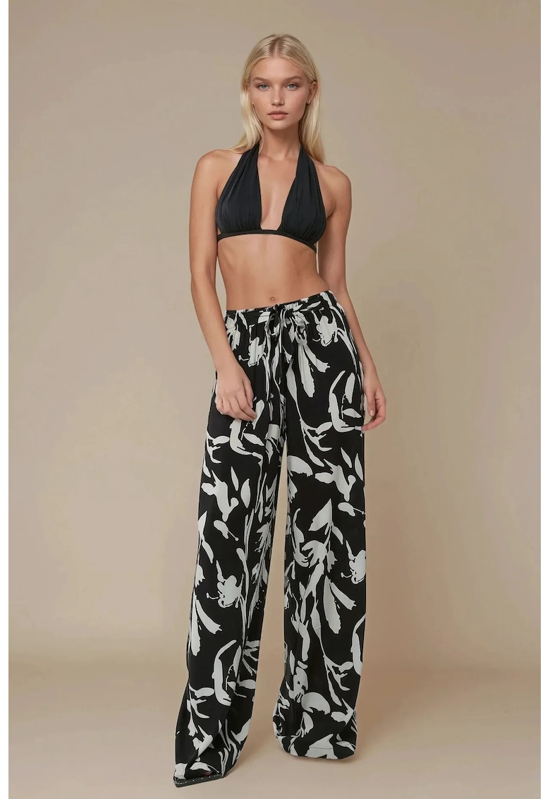 Pantaloni dama - cu imprimeu - talie elastica - negru - bumbac