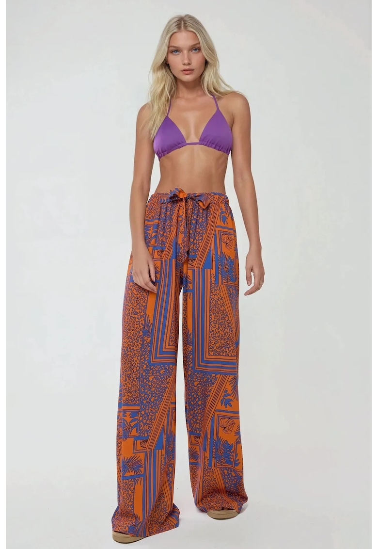 Pantaloni dama - cu imprimeu - talie elastica - violet-portocaliu - bumbac