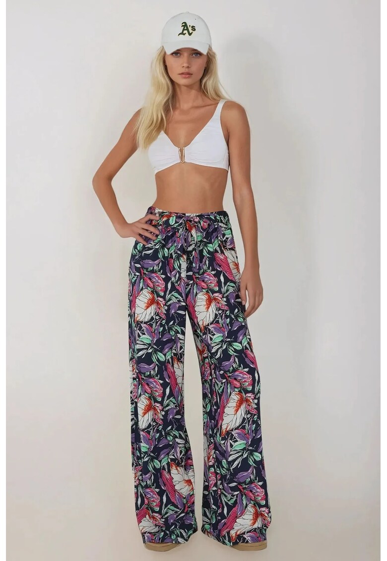 Pantaloni dama - cu imprimeu - talie elastica - bumbac - Multicolor