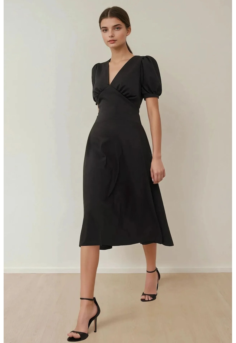 Rochie Midi - A-Form - decolteu in V - neagra - crep