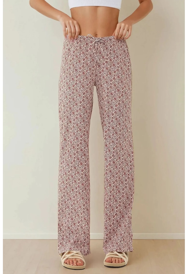 Pantaloni dama - largi cu imprimeu - roz - poliester-elastan