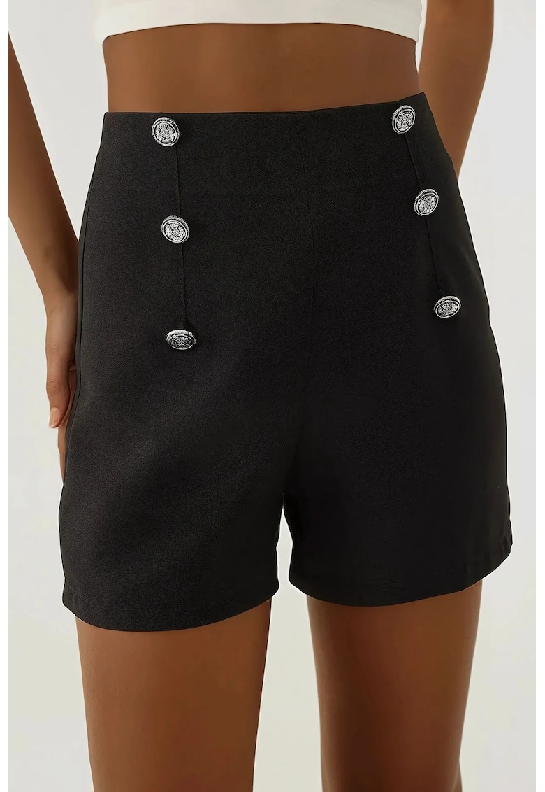 Pantaloni scurti - talie inalta - negri - poliester