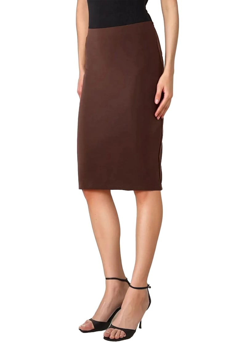 Fusta midi dama viscoza/nylon - cu talie inalta - maro