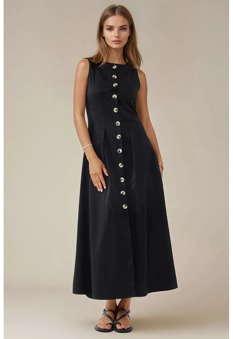 Rochie fara maneci - cu nasturi - neagra - textil