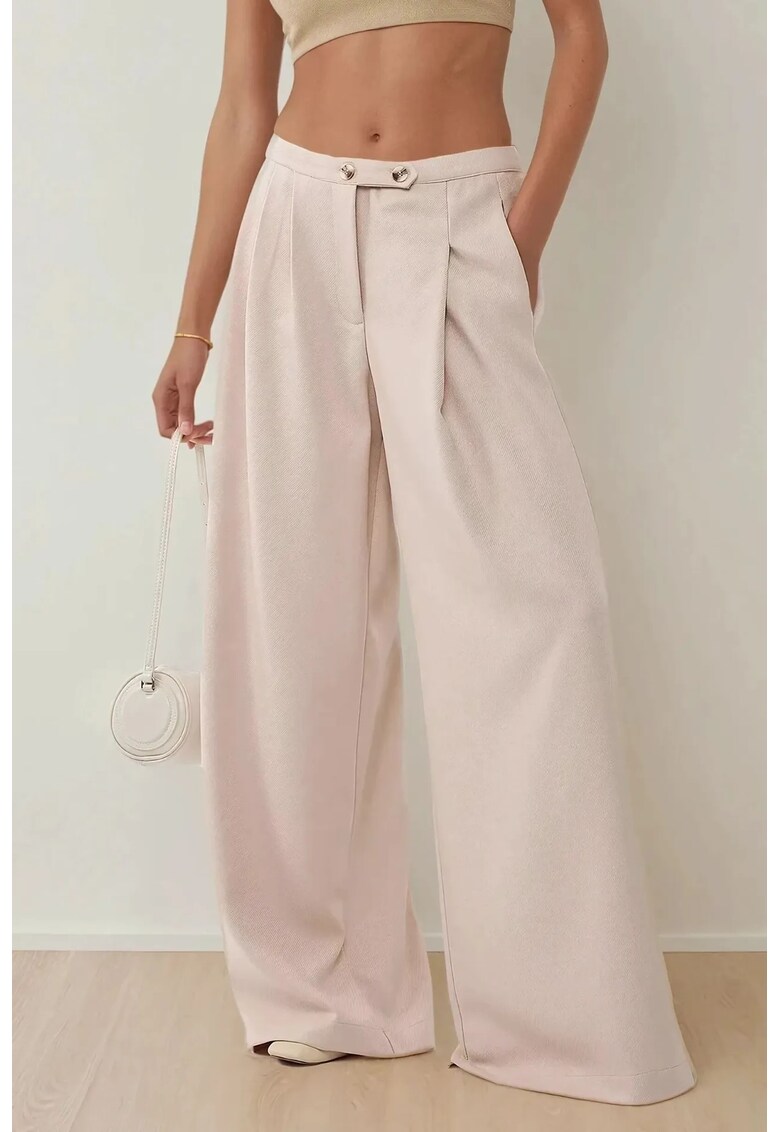 Pantaloni dama - largi cu talie inalta - bumbac - natur