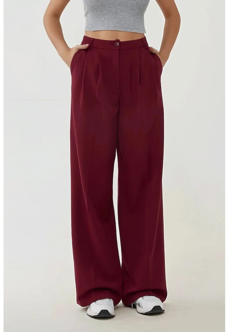 Pantaloni dama -  palazzo - talie inalta - rosu - bumbac