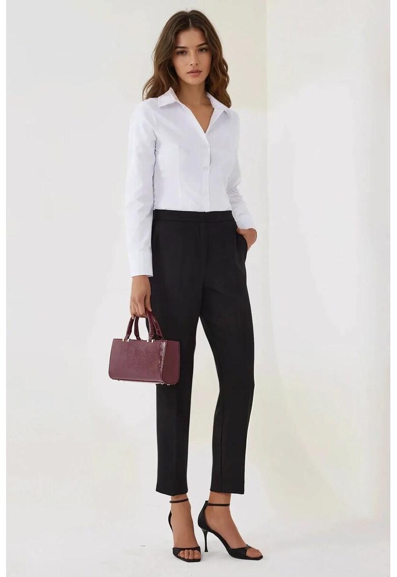 Pantaloni dama - drepti cu talie inalta - negri - material textil -