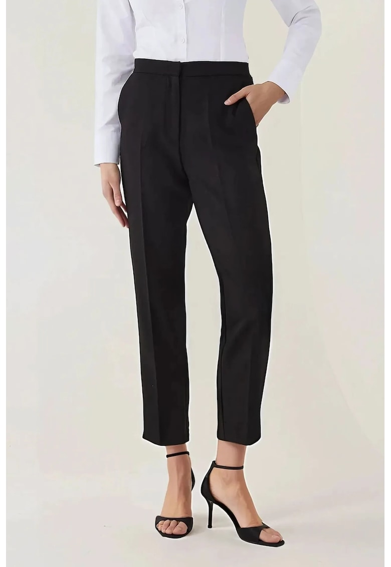 Pantaloni dama - cu talie inalta - croiala dreapta - negru - textil