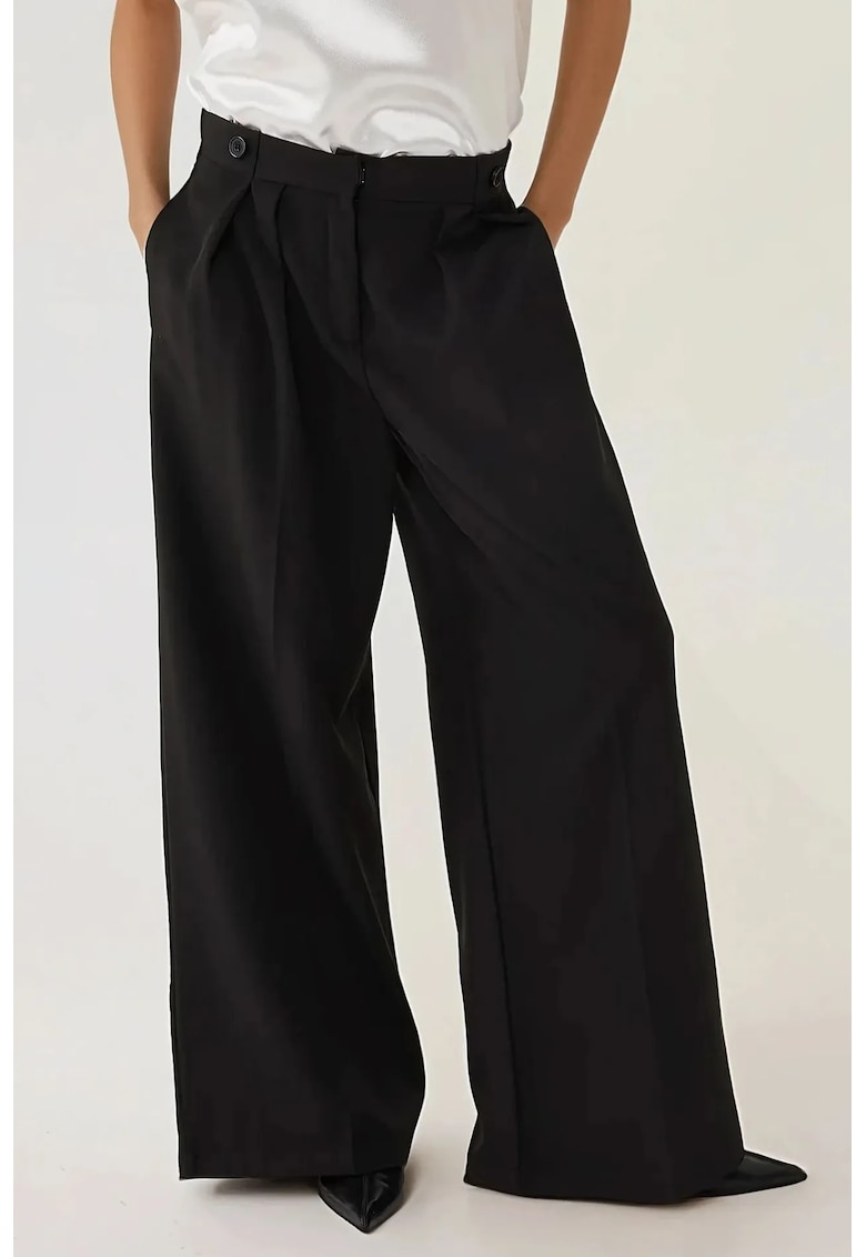 Pantaloni dama -  palazzo plisati - talie inalta - negru - bumbac
