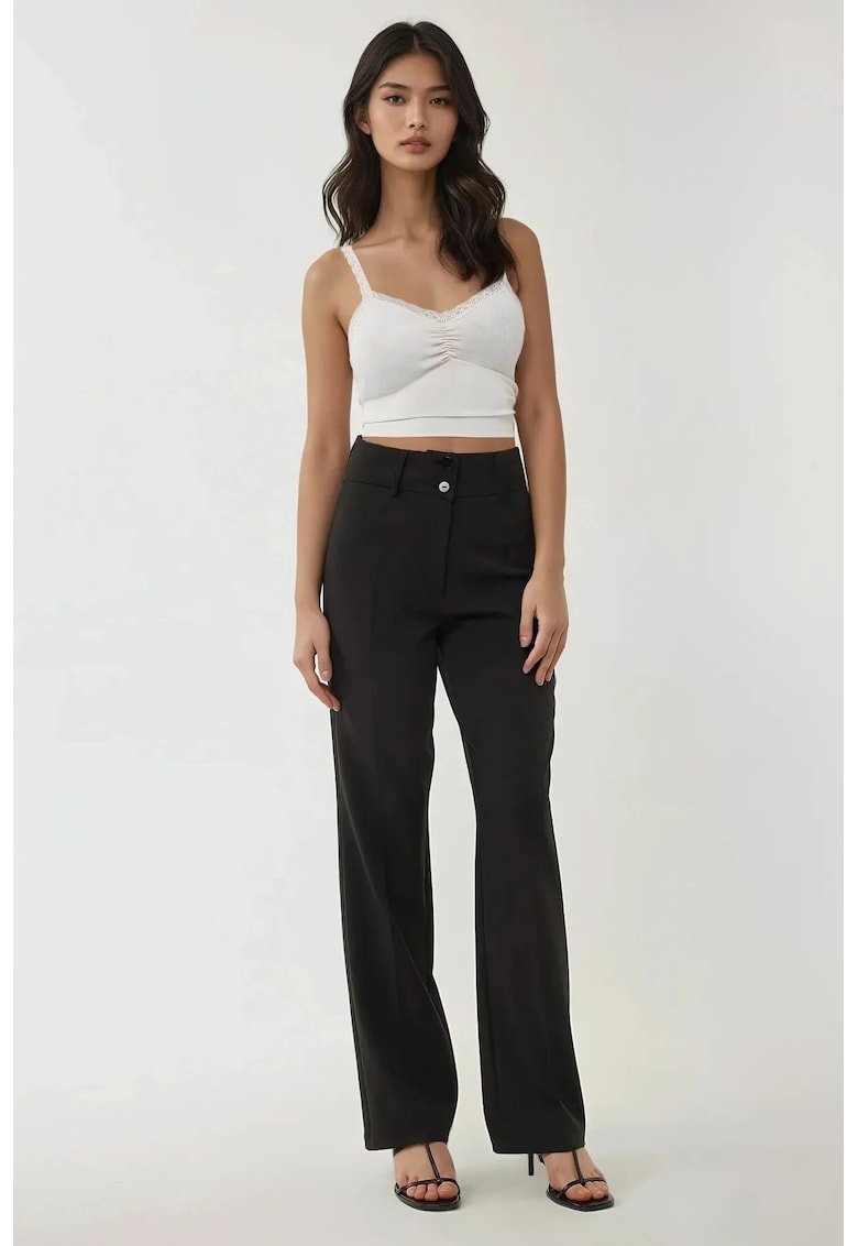 Pantaloni dama -  evazati cu talie inalta - negri - bumbac-elastan