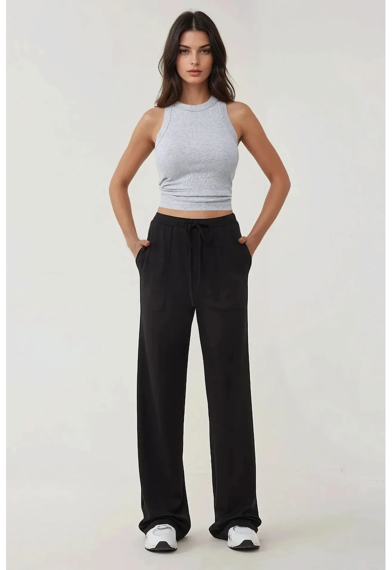 Pantaloni dama - tricotati texturati - croiala larga - negru - textil