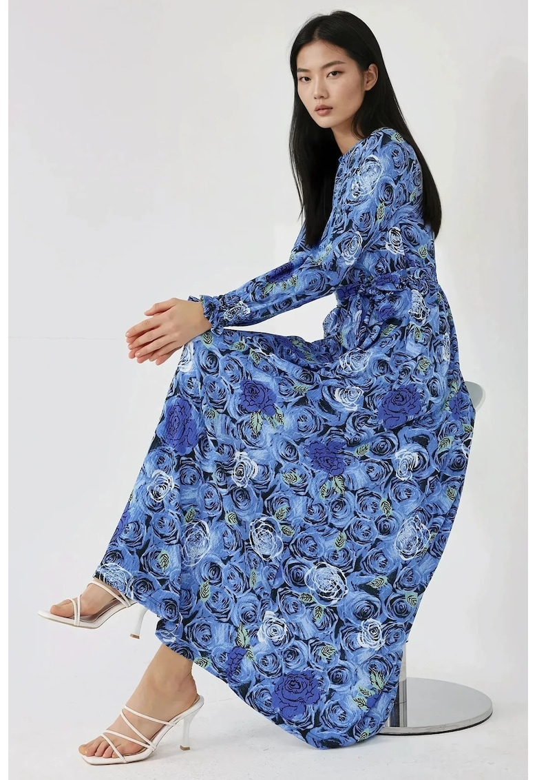 Rochie maxi - imprimeu floral - maneci lungi - albastra - jerseu