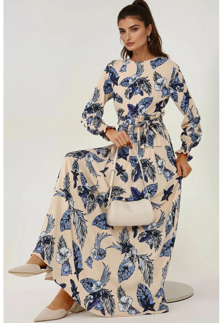 Rochie maxi - guler rotund - maneca lunga - bej - jerseu