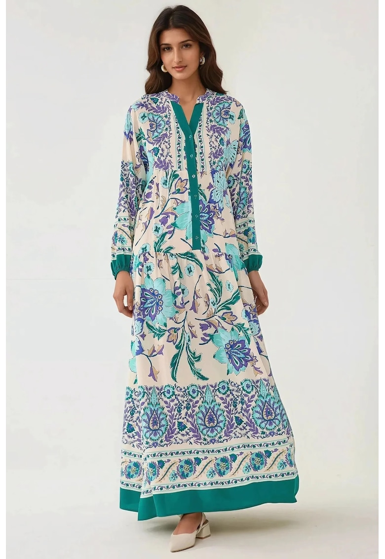 Rochie maxi - imprimeu - cu maneca lunga - verde - viscoza