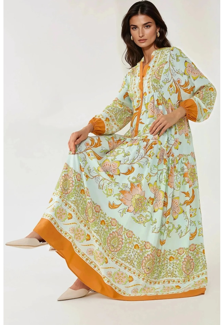 Rochie maxi  maneca lunga - imprimeu - portocalie - viscoza