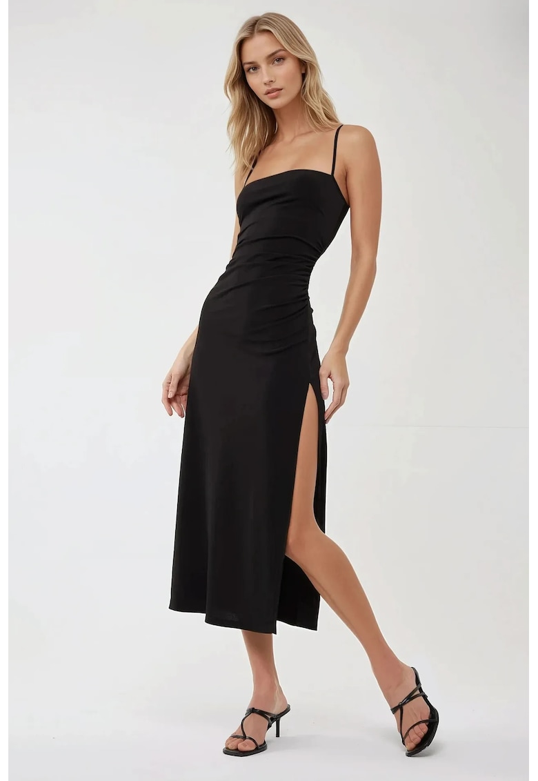 Rochie maxi - crapatura laterala - guler inima - negru - jerseu