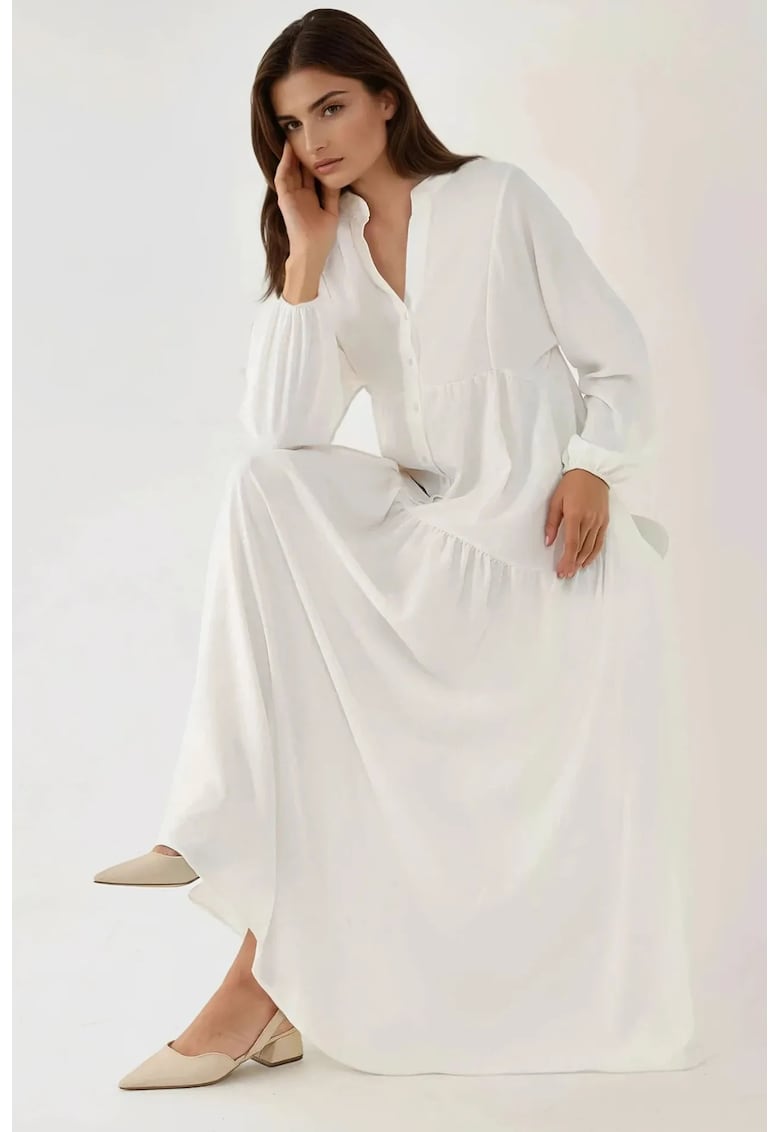 Rochie maxi - texturata - decolteu in V - alb - textil