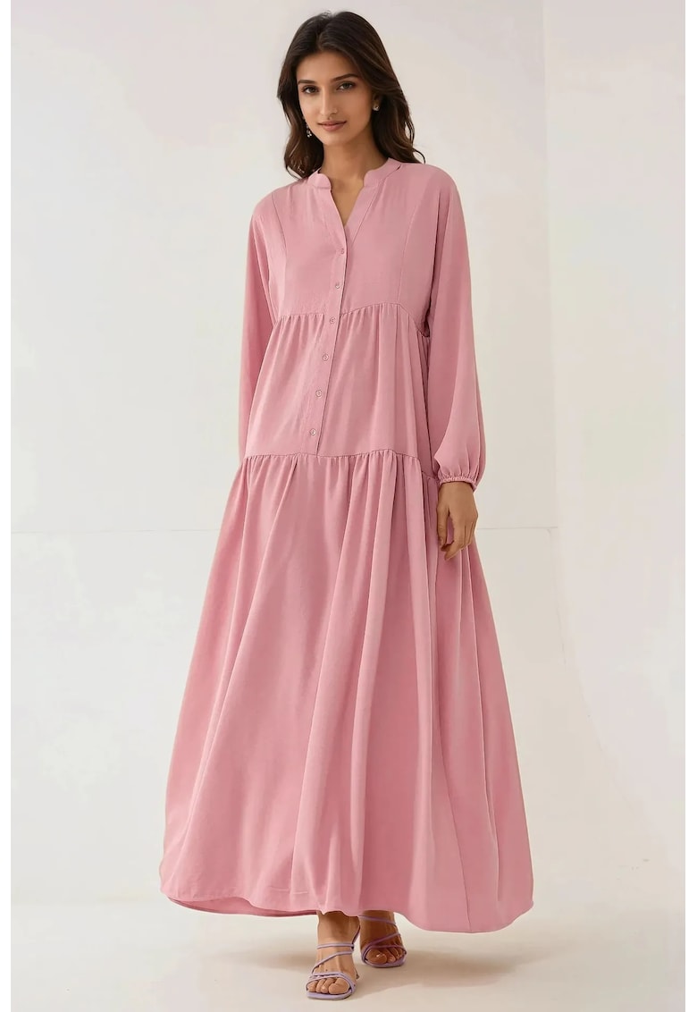 Rochie maxi decolteu in V - detaliu cu nasturi - roz - textil