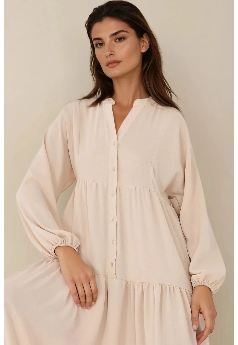 Rochie maxi - texturata - decolteu in V - bej - textil