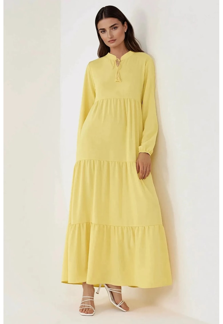 Rochie maxi - maneca lunga - guler rotund - galben - textil