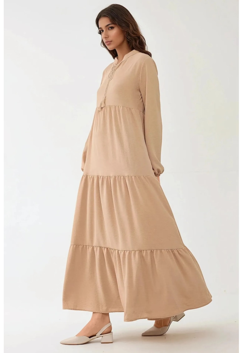 Rochie maxi - maneca lunga - guler rotund - bej - textil