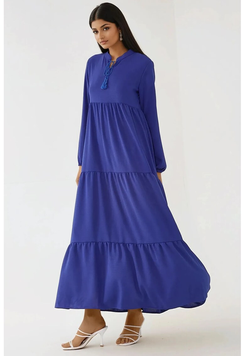 Rochie maxi - maneca lunga - guler rotund - textil - albastra