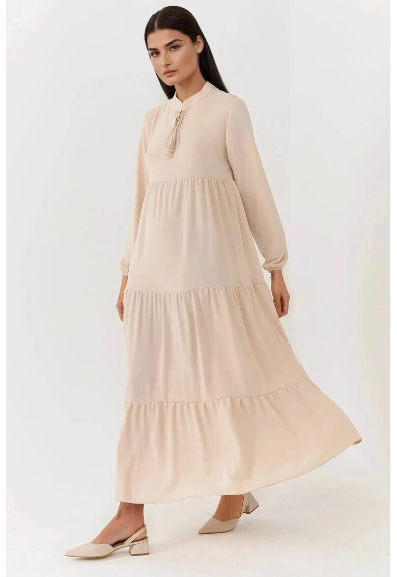 Rochie maxi guler rotund - maneci lungi - bej - textil