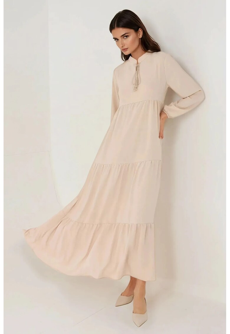 Rochie maxi guler rotund - maneci lungi - bej - textil
