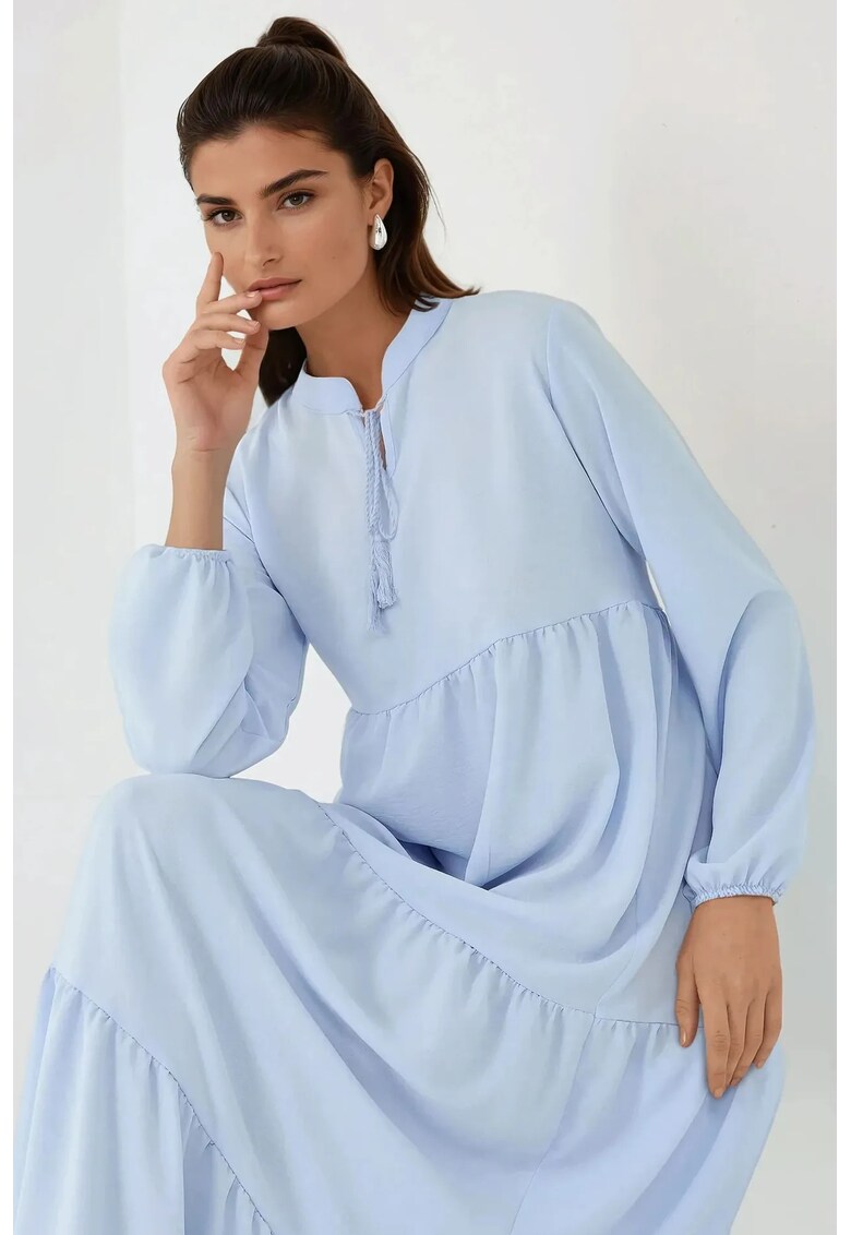Rochie maxi texturata - guler rotund - maneci lungi - albastra - textil