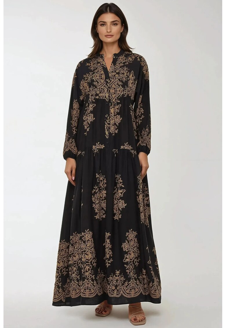 Rochie maxi - maneca lunga - imprimeu - negru - viscoza