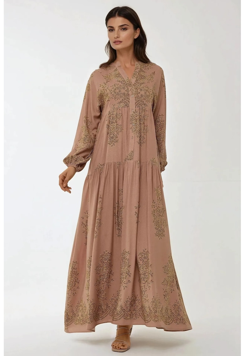 Rochie maxi - viscon imprimat - guler camasa - maro - textil