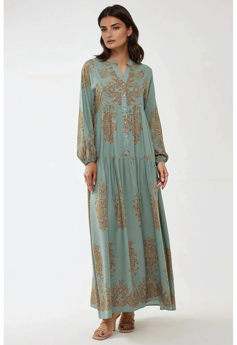 Rochie maxi - viscon imprimat - guler camasa - verde - textil