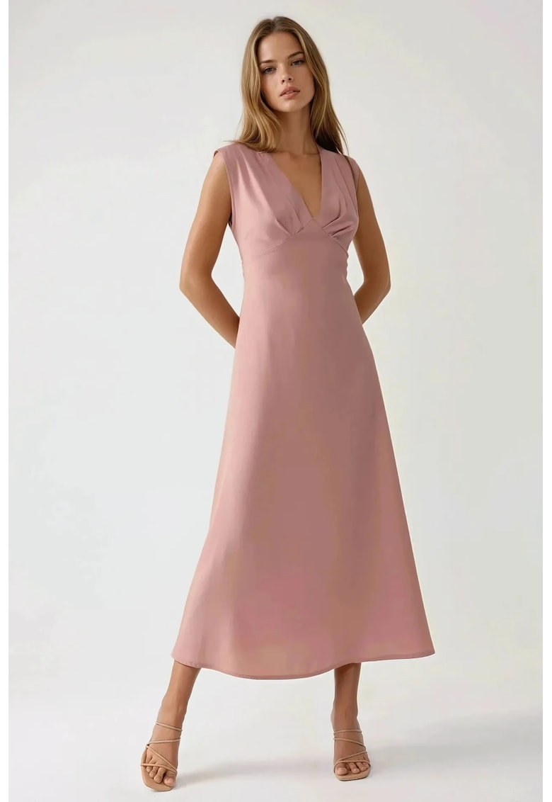 Rochie midi moale la atingere - decolteu - roz