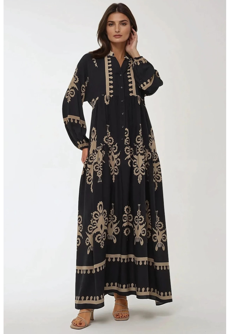 Rochie maxi imprimeu - maneca lunga - negru - viscoza