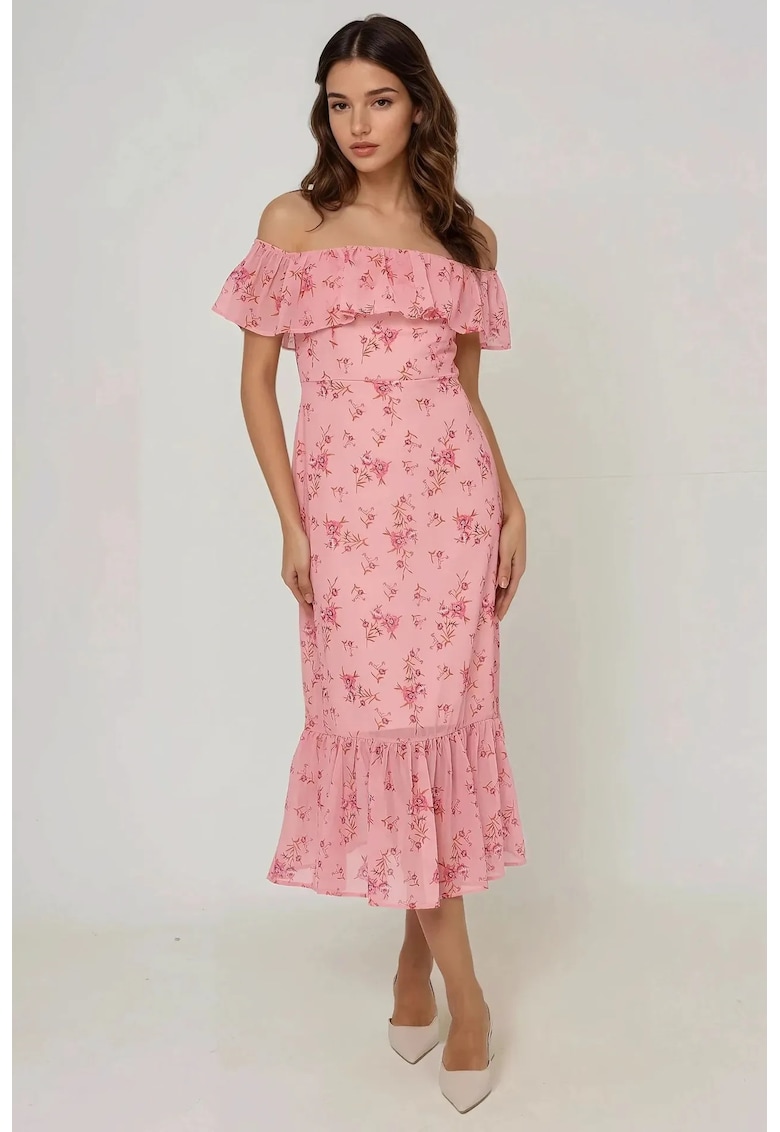 Rochie midi bodycon - floral - umeri goi - roz - tul